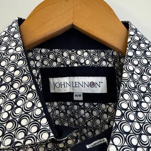 John Lennon Men's M Navy White Circle Print Button Up Shirt Peace Logo Retro